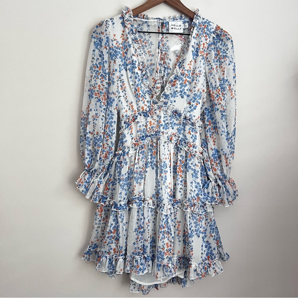 Hello Molly blue Floral Tiered Cutout Dress long sleeve flowy babydoll XS